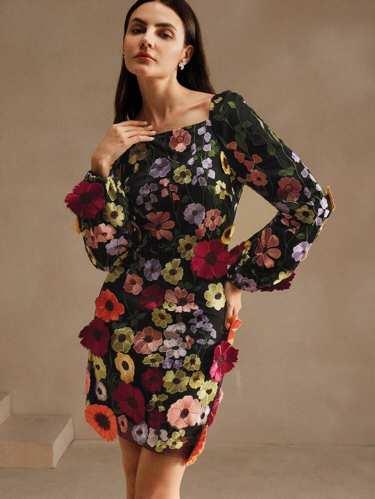 3D Floral Embellished Backless Waist Cinched Elegant Dress