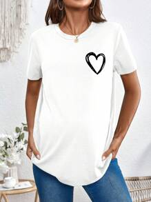 SHEIN 孕妇心形印花哺乳 T 恤，休闲短袖哺乳上衣，适合孕妇