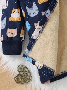 Young Girl Cartoon Cat Print Hooded Button-Up Fleece Jacket , Long Warm Outerwear For Children In Autumn And Winter - Navy Blue - View 4