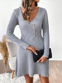 SHEIN LUNE Women's Single-Breasted Slim Fit V-Neck Long Sleeve Sweater Dress Fall Cloth For Women - Grey - View 5
