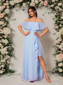 SHEIN Belle Elegante vestido de dama de honor con hombros descubiertos, mangas abullonadas, volantes asimétricos a un lado y abertura alta hasta el muslo, de tela de gasa azul para eventos formales como bodas - Azul - Ver 9