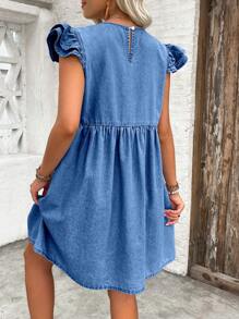 Breezaya Round Neck Pleated Ruffle Hem Minimalist A-Line Mini Dress, Casual Daily Wear - Medium Wash - View 2