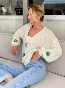 EURMUSE Women Handmade Flower Accessory Front Button Drop Shoulder Cardigan - White - View 4