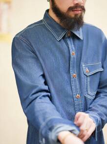 Manfinity Homme Men Flap Pocket Denim Shirt - Dark Wash - View 5