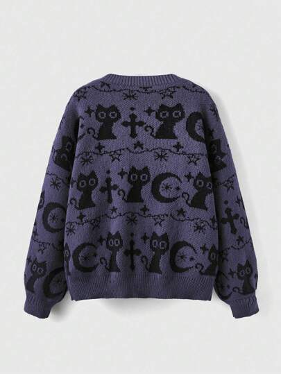 Goth Plus Size Women Cross & Cat Graphic Casual Pullover Sweater, Autumn/Winter