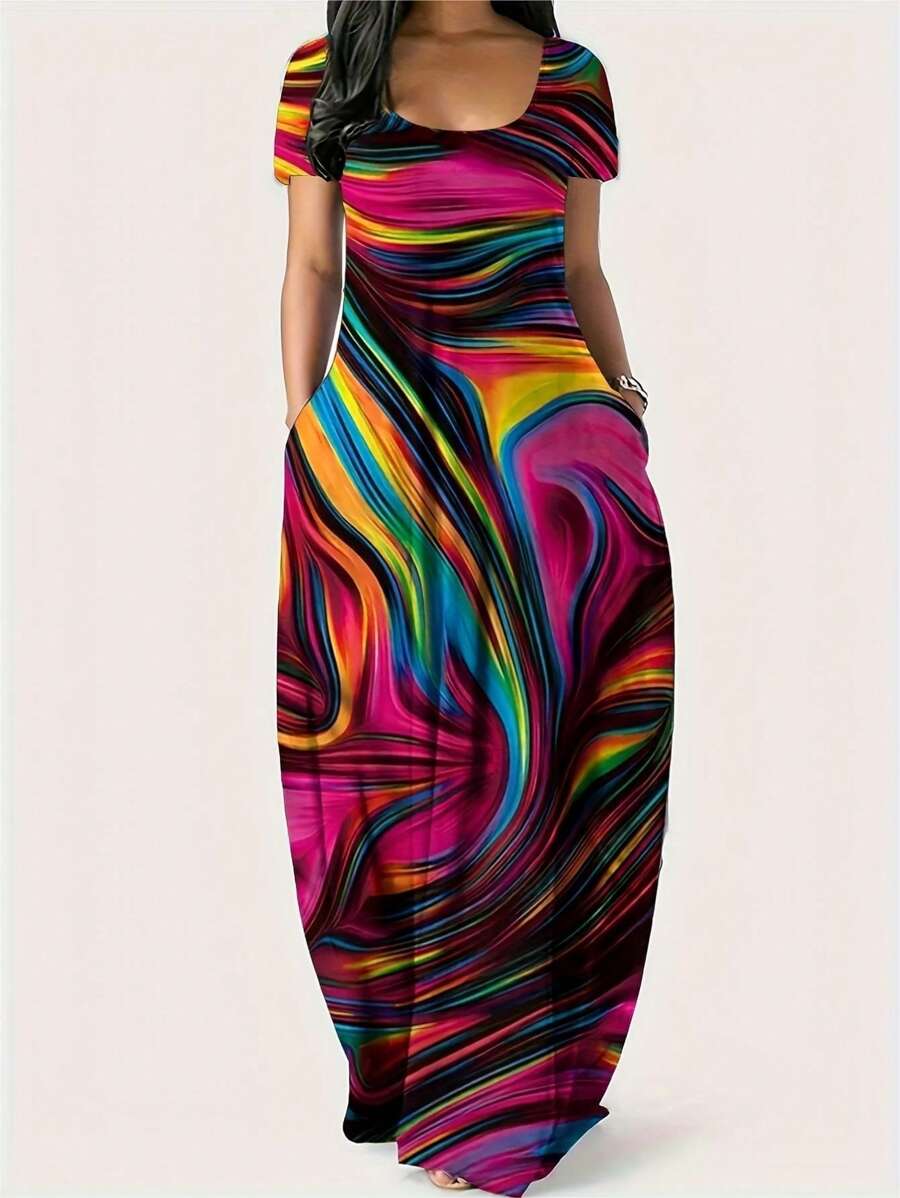 Maweii 大码方领短袖彩色连衣裙，休闲/度假