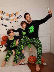 SHEIN Tween Boy Glow-In-The-Dark Cartoon Print Long Sleeve Top And Pants Relaxed Fit Flame Retardant Pajama Set, Daddy And Me Matching Outfits (3 Sets Sold Separately) - Black - View 1