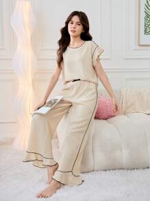 SHEIN Teen Girl's Casual Color-Block Ruffle Trim Short Sleeve Top And Pants Pajama Set - Beige - View 3