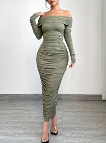 SHEIN SXY Elegantes, sexy Damen Bodycon Kleid in olivgrün mit Off-Shoulder Raffung