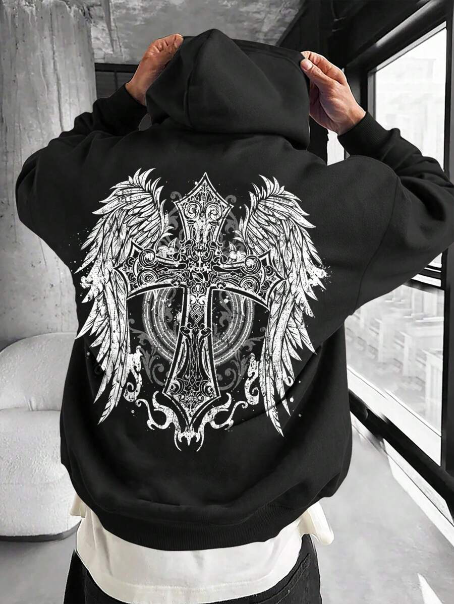Manfinity EMRG Men's Black Street-Style Vintage White Gothic Angel Wings Combined With Cross Broken Distressed Graphic Pattern Loose Off-Shoulder Hooded Sweatshirt, Long Sleeve Urban Hoodie - Black - View 1