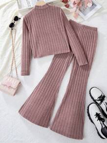 Sparklyn 2 件装青少年女孩休闲罗纹高领长袖上衣和喇叭裤套装，秋冬