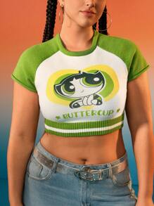 THE POWERPUFF GIRLS X SHEIN Plus Size Women's White Tight Fit Splice Sleeve Colorblock Striped Heart Graphic Sweater - Green - View 5