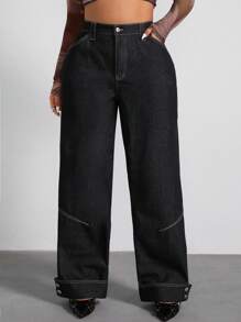 SHEIN ICON Jeans de mezclilla negra desgastada holgados con decoración de botón en forma de estrella, talla grande