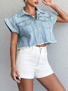 EURMUSE WOMEN SLEEVELESS CROP JACKET - Light Wash - View 1