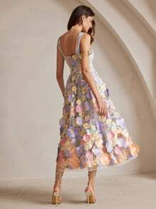 Anewsta Elegant 3D Floral Embroidered Mid-Length Slip Dress For Women Maxi Women Outfit