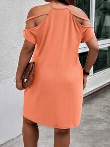 Calvaya 大码女式纯色镂空露肩简约休闲连衣裙 - 橘色 - 查看 2
