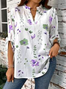 SHEIN LUNE Blusa de manga corta sencilla de diario con estampado floral para mujer talla grande - Multicolor - Ver 3