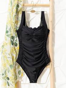 女式露背褶饰休闲时尚连体泳衣夏季 - 黑色 - 查看 7
