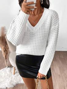Chiquease Women's V-Neck Long Sleeve Eyelet Casual Loose Pullover Sweater