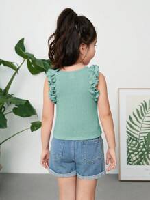 SHEIN 3pcs Young Girl Solid Color Crew Neck Sleeveless Ruffle Trim Fitted Cropped Tank Top Set - Green - View 8