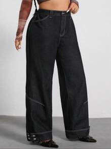 SHEIN ICON Jeans de mezclilla negra desgastada holgados con decoración de botón en forma de estrella, talla grande