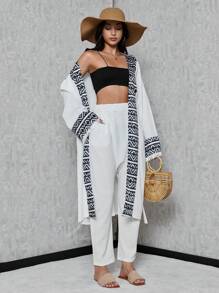 SHEIN Tall 垂肩和服裝配對比幾何圖案條紋和褲子，流蘇 - 白色 - 查看 4