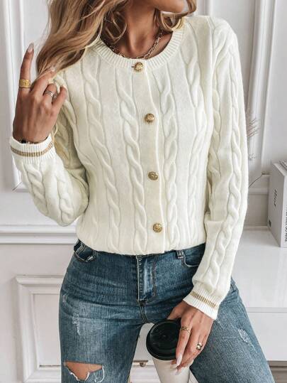 Pariaura Cardigan Casual de Manga Longa com Botões Decorados em Cor Sólida Simples, Tops de Manga Longa