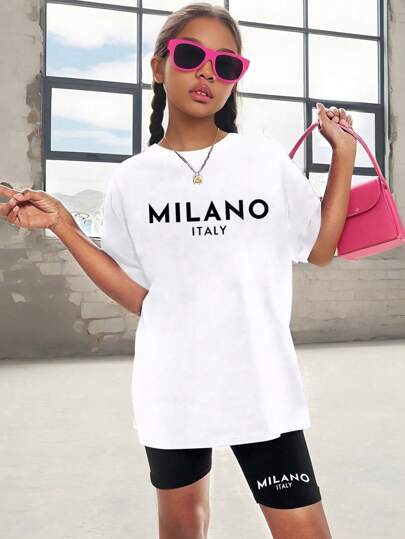 2pcs Tween Girl Casual Letter Print Top And Shorts Set, Summer, School, Campus, College