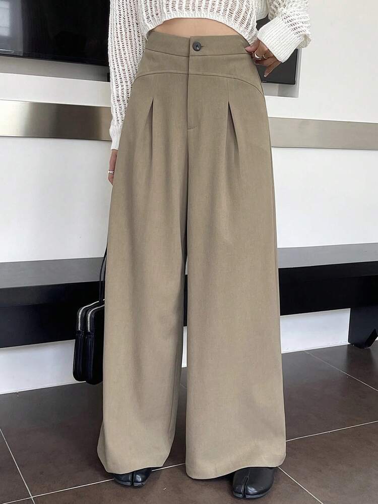Solid Color Patchwork Pleated Wide Leg Pants For Women