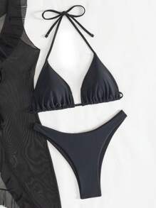 SHEIN Swim 3 件套女士比基尼套装，露背系带上衣，性感下装和荷叶边系带设计罩衫夏季海滩 - 黑色 - 查看 6