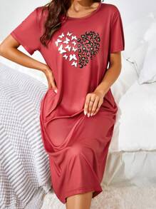 Áo ngủ ngắn tay in hình trái tim cho nữ - Màu Đỏ Sâu - Xem 1