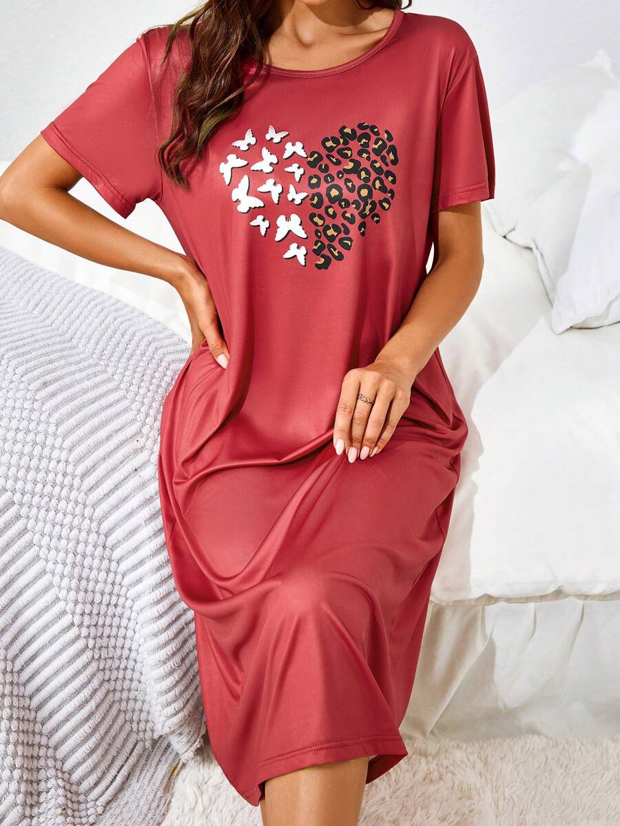 Áo ngủ ngắn tay in hình trái tim cho nữ - Màu Đỏ Sâu - Xem 1