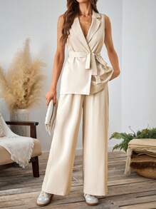 SHEIN LUNE 2pcs Solid Color Sleeveless Blazer & Pocket Pants Khaki Suit Set - Khaki - View 3