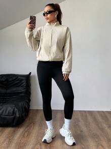 Flirla Beige Solid Color Zip-Up Casual Long Sleeve Jacket - Khaki - View 6