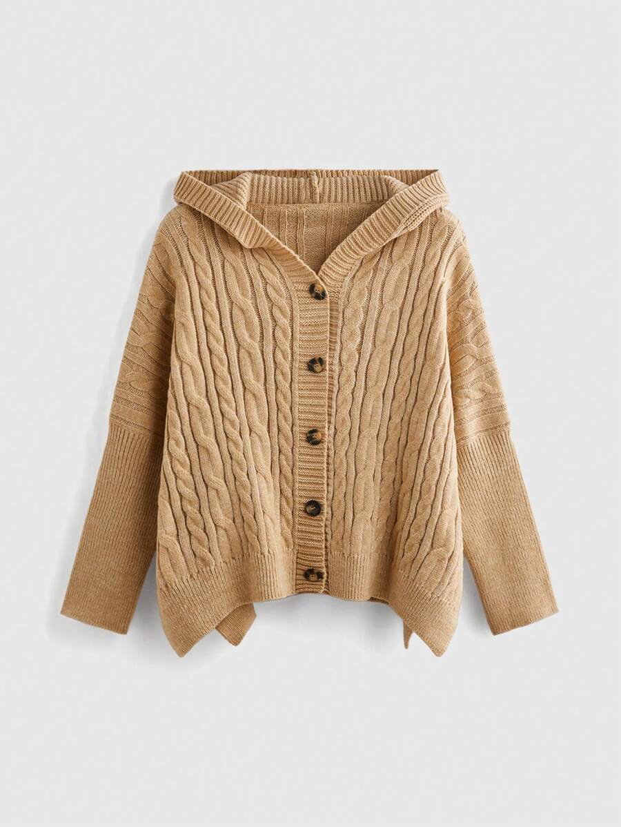 Flirla Plus Size Plain Button Front Hooded Batwing Sleeve Cardigan Sweater - Multicolor - View 1