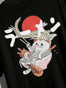 SWAVVY Camiseta de manga corta casual de punto con estampado de gato de dibujos animados para hombre, para verano