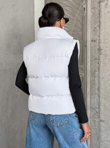 EURMUSE Short Vest With Two Pockets, Sleeves Puffer Jacket With Zip - White - View 2