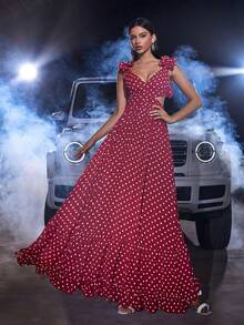 Polka Dot Ruffle Trim Maxi Chiffon Dress For Party Prom - Burgundy - View 5