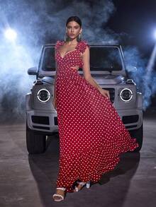 Polka Dot Ruffle Trim Maxi Chiffon Dress For Party Prom - Burgundy - View 6