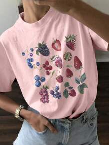 INAWLY Áo thun nữ tay ngắn cổ tròn in hình trái cây - Hồng - Xem 1