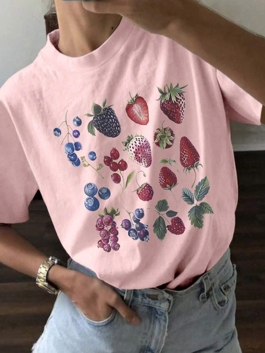 INAWLY Áo thun nữ tay ngắn cổ tròn in hình trái cây - Hồng - Xem 1