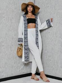 SHEIN Tall 垂肩和服裝配對比幾何圖案條紋和褲子，流蘇 - 白色 - 查看 1