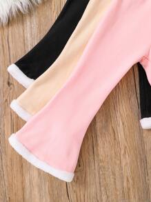 3pcs Girls' Plush Flare Hem Ankle Pants In Pink, Apricot And Black, Casual Long Leggings
