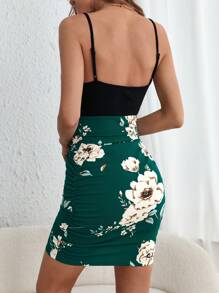 SHEIN Privé Floral Print Ruched Bodycon Dress - Dark Green - View 2