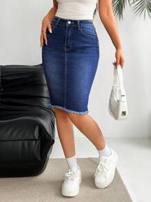 SHEIN Essnce Women Button Belt Loops Pockets Raw Edge Hem Design Slim Fit Fashion Denim Skirt - Dark Wash - View 5