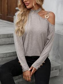 SHEIN LUNE Women's Fashionable High-End Metal Button Decor Cold Shoulder Long Sleeve T-Shirt - Camel - View 1