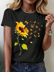 SHEIN LUNE Áo thun ngắn tay in hình bướm hướng dương - màu đen - Xem 3