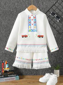 SHEIN Bộ hai mảnh tua rua in hình phong cách đi nghỉ thông thường dành cho cậu bé trẻ tuổi - Nhiều màu - Xem 1