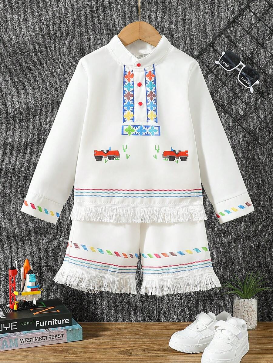 SHEIN Bộ hai mảnh tua rua in hình phong cách đi nghỉ thông thường dành cho cậu bé trẻ tuổi - Nhiều màu - Xem 1