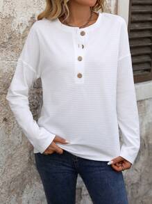SHEIN LUNE Blusa de manga larga con botones delanteros de unicolor simple para mujer, uso casual - Blanco - Ver 5